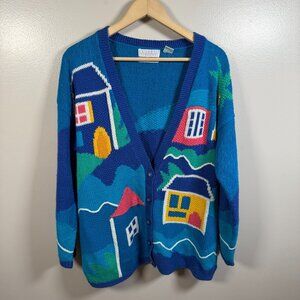 VTG Segrets Sun Prints Cardigan Sweater Size Large Beach Houses Grandma Granny